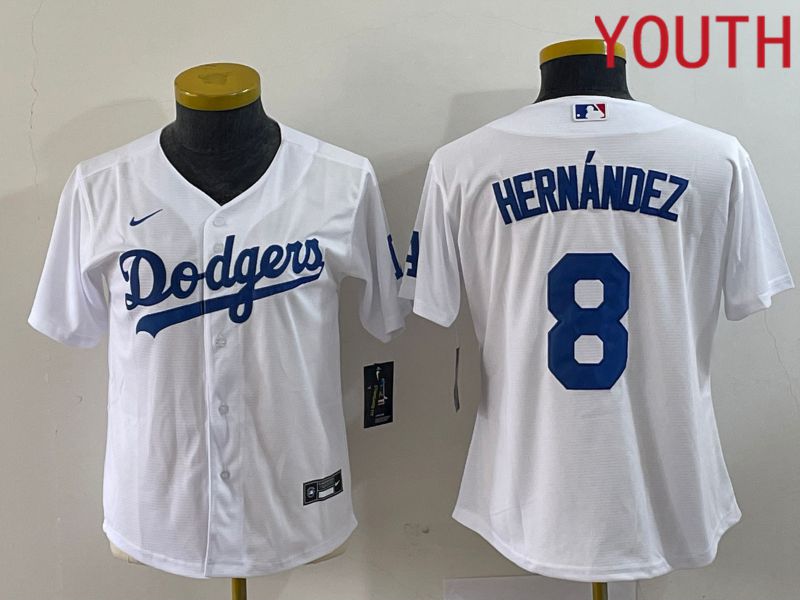 Youth Los Angeles Dodgers 8 Hernandez White Nike Game 2023 MLB Jersey